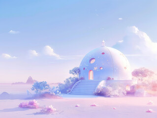 A dreamy scene of a pinky color doom in the desert, Surrealism, Pastel Color