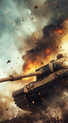 Portrait of World War 2 tank battle, a German Tiger tank as it's firing a shell, illustration, explosion