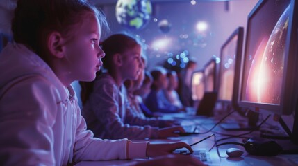 Children sit in a classroom illuminated by computer screens, focused on astronomy studies at night.