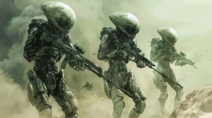 Fototapeta premium Three armored, futuristic soldiers equipped with advanced rifles are patrolling a desolate, dusty battlefield, surrounded by smoke and haze.
