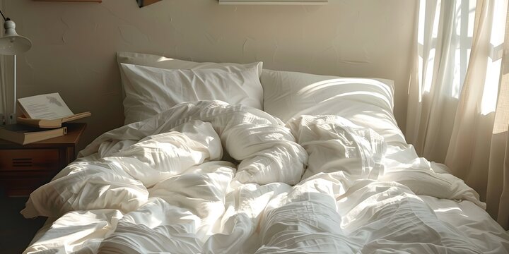 White bed linens left in disarray, presenting a raw and authentic look for interior design ideas.