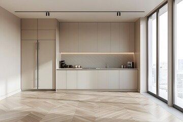 Virtual representation of a sleek kitchen space showcasing a herringbone floor, beige cabinetry, and abundant daylight streaming through generously sized windows