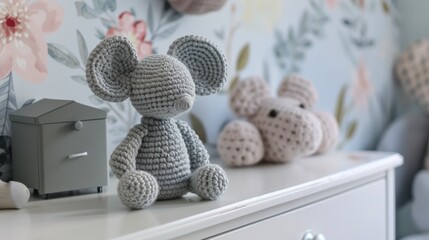 Handmade crochet mouse doll, on a white dresser in the baby's room generative ai