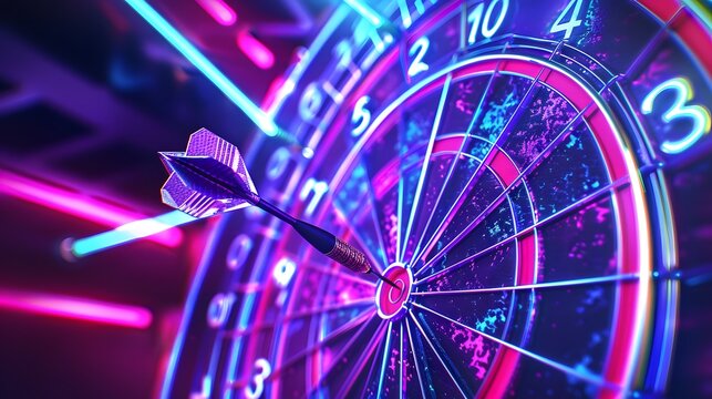An electrically lit dartboard with neon hues and a dart skillfully hitting the bullseye in captivating lighting