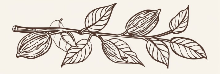 Line art cocoa branch logo, chocolate beans drawing, cocoa fruits, plant doodle icon, painting, twig