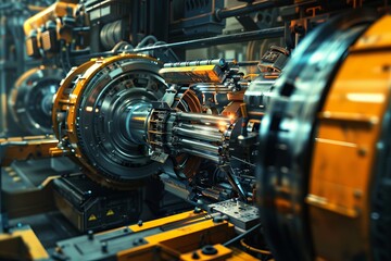 Fototapeta premium Hightech machinery cutting metal in a factory, side view, showcasing precision engineering, scifi tone, splitcomplementary color scheme