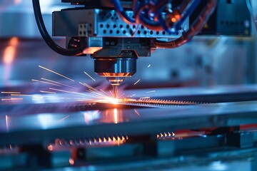 Advanced machinery cutting cold formed structure steel, side view, showcasing precision engineering, scifi tone, splitcomplementary color scheme