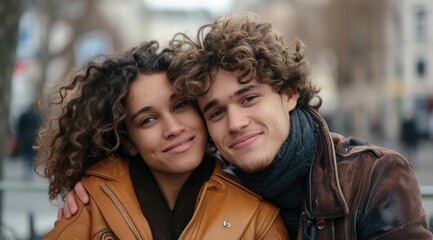 A young mixed race couple hugging in love outside of an urban cafe on a street