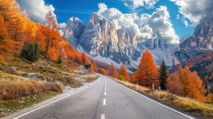 Beautiful empty highway on autumn forest against mountain and blue sky background. Generate AI