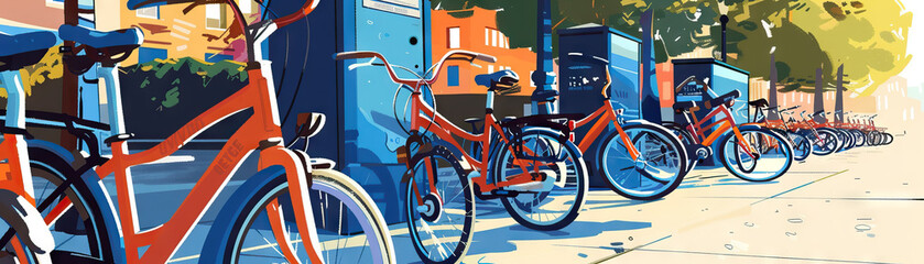 Bike Share Stations: Close-up of bike share stations, bicycles, and cyclists, highlighting the city's commitment to sustainable transportation