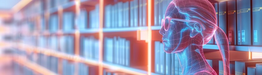Fototapeta premium Futuristic digital human head in neon lights, representing artificial intelligence and technology in a modern library setting.