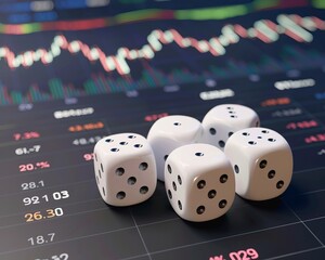 A closeup of five white dice on a black background with a glowing green circuit board pattern.