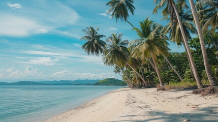 Tropical white sand beach with many of palm tree and coconut trees at summer. Generated AI image