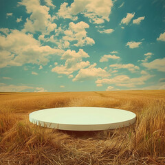 An empty platform as a mockup with an agricultural field in the background