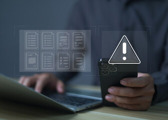 Warnings exclamation mark alerts in computer systems to be aware of the dangers and risks of cyberattacks on the Internet. Malicious software to secure online logins on websites