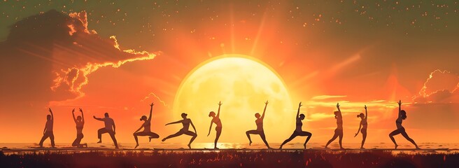 Silhouettes of people doing yoga poses against the background of a sunset,yoga day