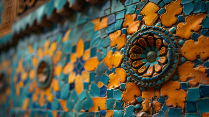 A close-up of the intricate mosaic tiles on a mosque wall