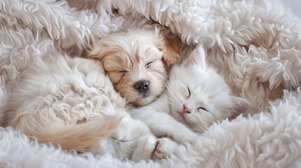 Adorable white fluffy puppy and Kitten curled up fast asleep on the floor