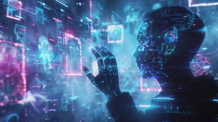 Obraz premium A digital human figure interacts with a holographic display, featuring numerous glowing digital panels, in a high-tech environment at night.
