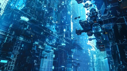 Futuristic Cityscape of Neon Lit Towers and Interconnected Structures in a Landscape