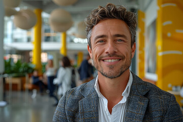 Obraz premium In a professional portrait, a successful and confident businessman smiles confidently indoors, exuding positivity.