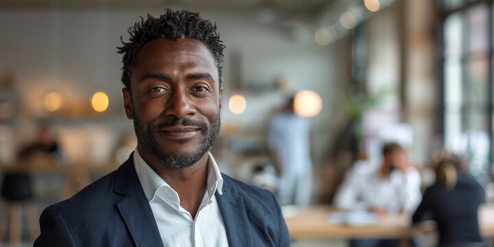 A stylish, confident black businessman exudes optimism and friendliness in a professional office portrait.
