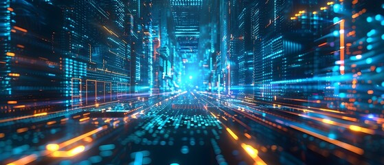 Futuristic Cityscape Illuminated by Vibrant Neon Lights and Technological Innovation