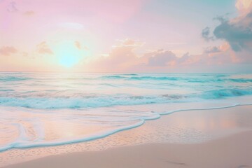 Obraz premium A serene beach at sunset with gentle waves lapping at the shore, a pastel sky creating a peaceful atmosphere perfect for unwinding, with the scene emphasizing rhythm and harmony in nature