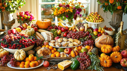 A variety of fruits displayed on a table, showcasing a colorful assortment of flavors and textures