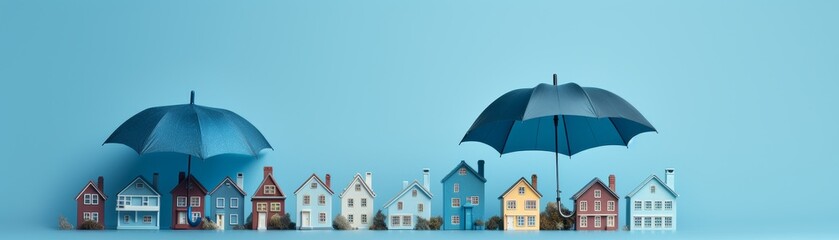 Property safety and insurance concept, House figure under umbrella.