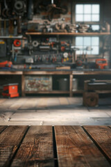 A wooden workbench in the foreground with a blurred background of an industrial workshop. The background includes various tools and equipment, metalworking machines, safety gear, and shelves.