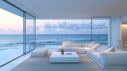 White modern living room with glass windows and ocean view at dusk in luxury beach house home interior design,