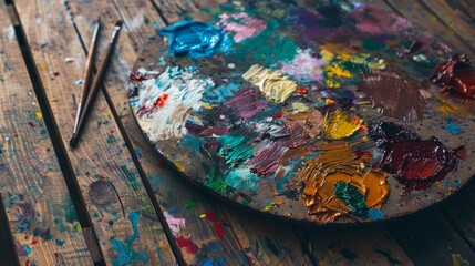 Artistic Acrylic Palette with Colorful Paints Close-up.