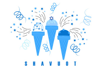 Happy Shavuot holiday design. Ice Cream and Shavuot. Blue ice cream with stars. Shavuot Ice Cream Party