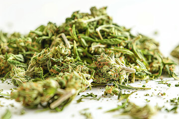Bountiful organic harvest - heap of pungent marijuana buds on white surface