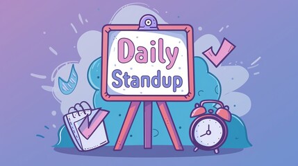 Illustrated Daily Standup Board with Clock and Checklist