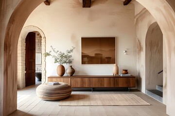 The entryway hall of this contemporary residence exudes a Boho Mediterranean aesthetic with its arched walls