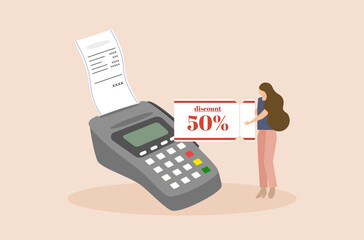 Woman is paying with 50% discount vector, shopping 50% discount coupon vector, woman is paying debts vector, flat design of payment vector, woman is holding discount coupon, big sale discount vector.