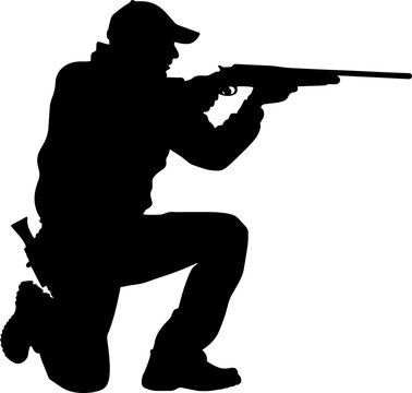 recommend clip art: hunter shoots his gun, silhouette on white background. AI generated illustration.