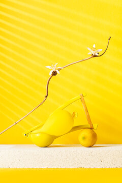 A. yellow balloon in a lemon squeezer on yellow background