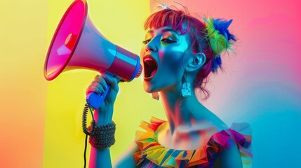 A beautiful fashion girl with bright makeup screams into a megaphone, promo action concept.