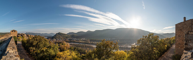 Panoramic photography from the Ainsa wall with views of the Ara River and Cerro Partara, Huesca,...