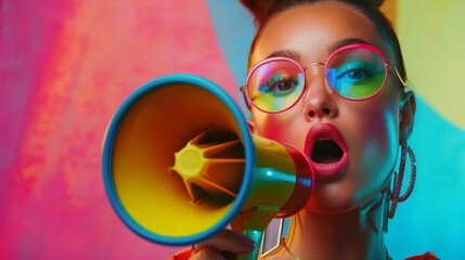 A beautiful fashion girl with bright makeup screams into a megaphone, promo action concept.