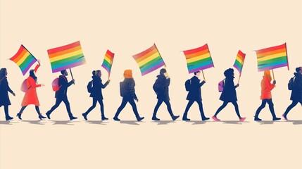 Obraz premium People Marching with Rainbow Flags in Support of LGBTQ+ Rights