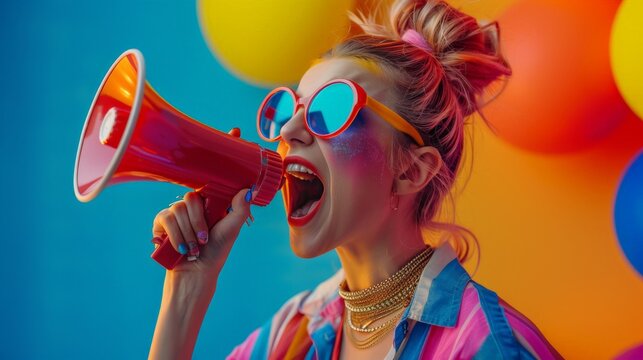 A beautiful fashion girl with bright makeup screams into a megaphone, promo action concept.