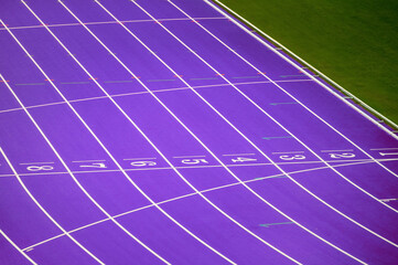 Purple Finish Line at Summer Athletics Stadium in Paris 2024. Paris 2024 Summer Games: Premier...