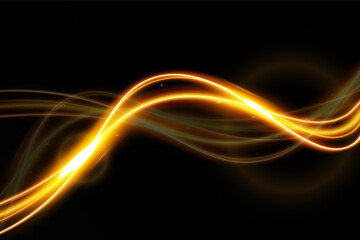 Light wave,shiny gold lines.Color glowing design element.Wavy bright stripes.Vector illustration.	
