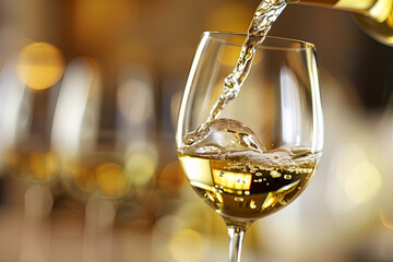 Steady stream of crisp white wine being poured into awaiting glass