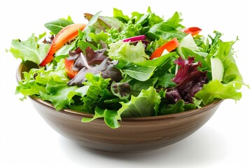 Fresh salad bowl with leafy greens and vegetables, close up, healthy eating photography, realistic, overlay, white background