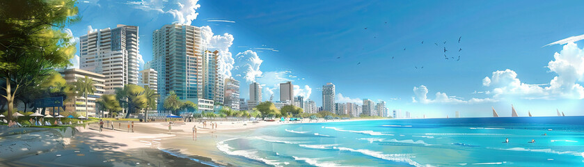 City Beach: Focus on urban beaches, waterfront parks, and recreational areas, showcasing the city's waterfront lifestyle and outdoor activities